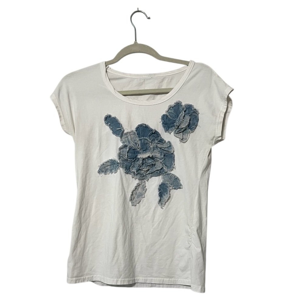 Denim Floral Embellished White Top